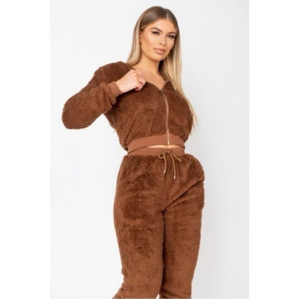 Brown Teddy Bear Fur Long Sleeve Hooded Crop Top and Jogger Pants Two Piece Set - Picture 8 of 15